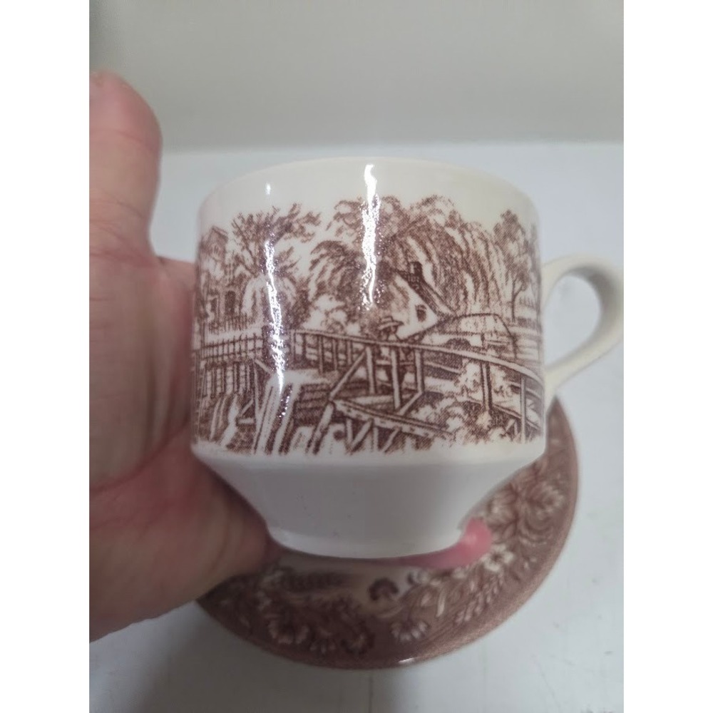 Churchill England Brown Transferware Tea Cup and Saucer Set Village Scene - Picture 2 of 8